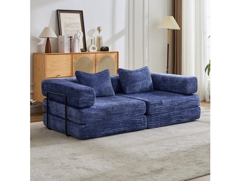  Canapé convertible au sol 2 places modulable, sans montage, avec accoudoirs rabattables en chenille bleu foncé  - Conforama B