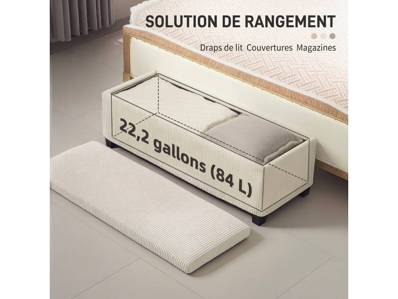  Banc de rangement beige 112x42x40 cm avec coffre, revêtement aspect velours côtelé et pieds en acier  - Conforama D