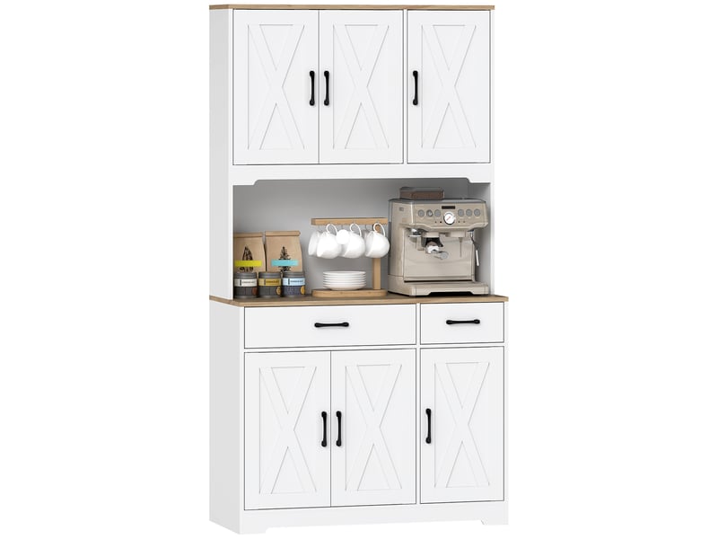  Buffet de cuisine avec 6 portes plan de travail pour micro-ondes 2 tiroirs étagères réglables et passe-câble blanc  - Conforama A
