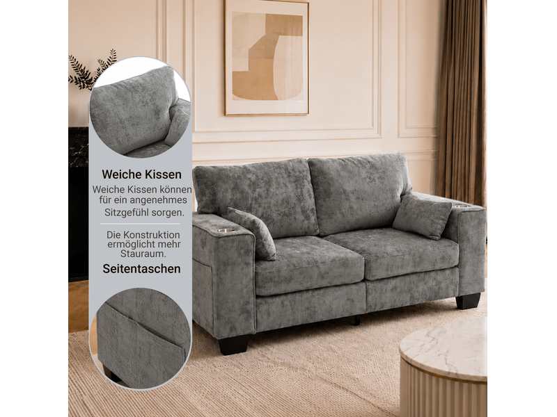  Canapé droit 2 places avec porte-gobelets et poches latérales, assise à ressorts en chenille gris foncé, 182 cm  - Conforama E