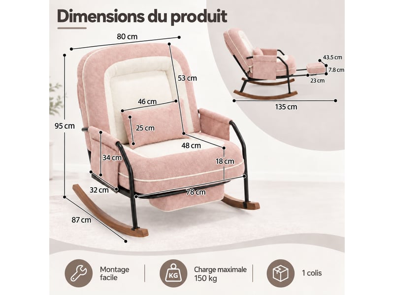  Fauteuil à bascule moderne avec dossier inclinable 100°-160°, repose-pieds escamotable, coussin en fausse fourrure de lapin,rose  - Conforama B