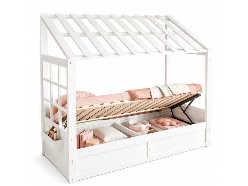  Lit enfant 90 × 200 cm avec toit, coffre hydraulique et rangements latéraux, sans matelas, en métal et mdf, blanc  - Conforama A