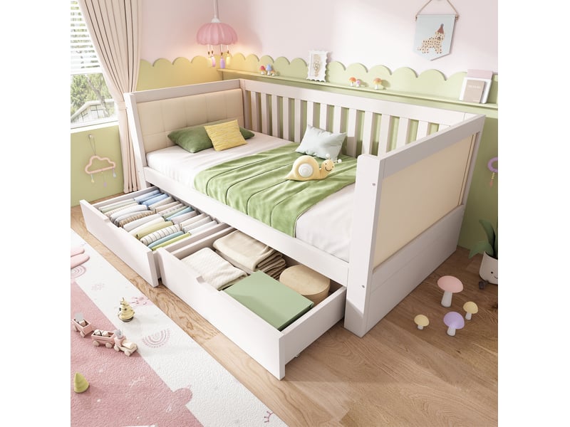  Modenvie lit banquette 90x200 cm - avec 2 tiroirs de rangement, dossier rembourré, sans matelas - blanc  - Conforama A
