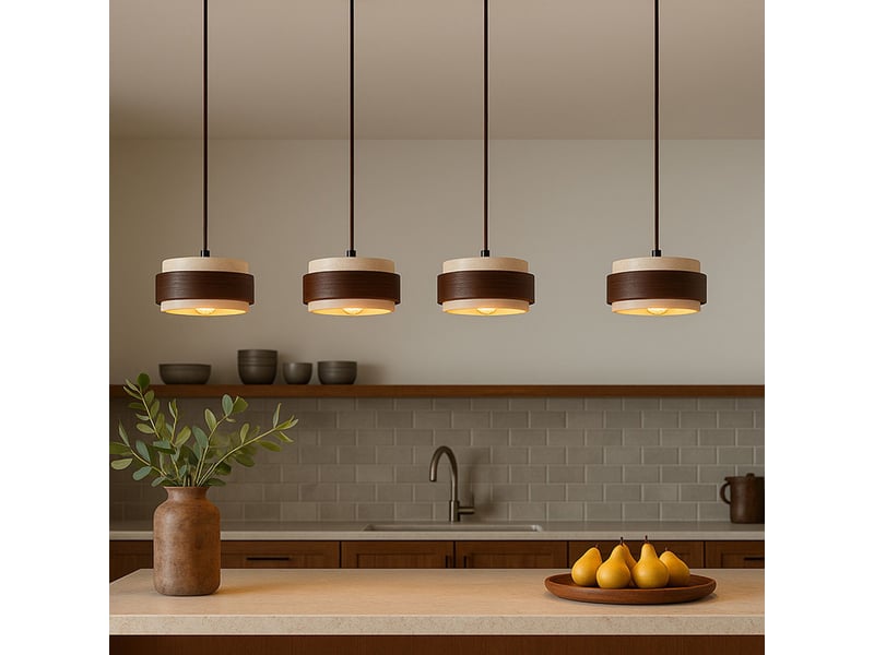  Luminaire design 4 suspensions en travertin et bois effet noyer iris  - Conforama B