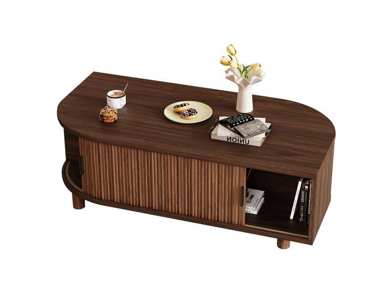  Table basse 100 x 50 x 35 cm avec 2 portes coulissantes et rangement, mdf et panneaux de particules, pieds en bois, coloris noyer  - Conforama A