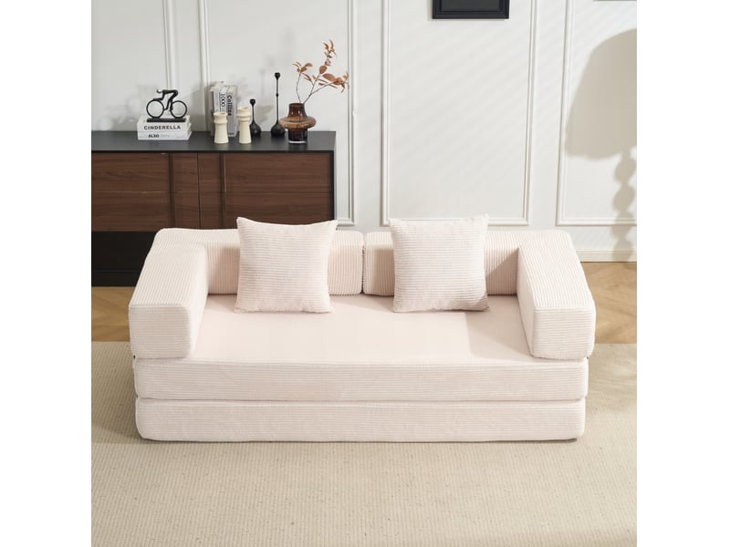  Canapé convertible au sol 2 places pliable avec coussins, fonction couchage en velours côtelé blanc  - Conforama E