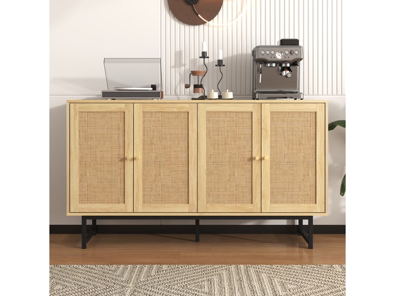  Buffet enfilade 140 cm rangement 4 portes canage rotin | style bohème scandinave bois et métal | pieds 18 cm charge 50kg - chêne naturel  - Conforama B
