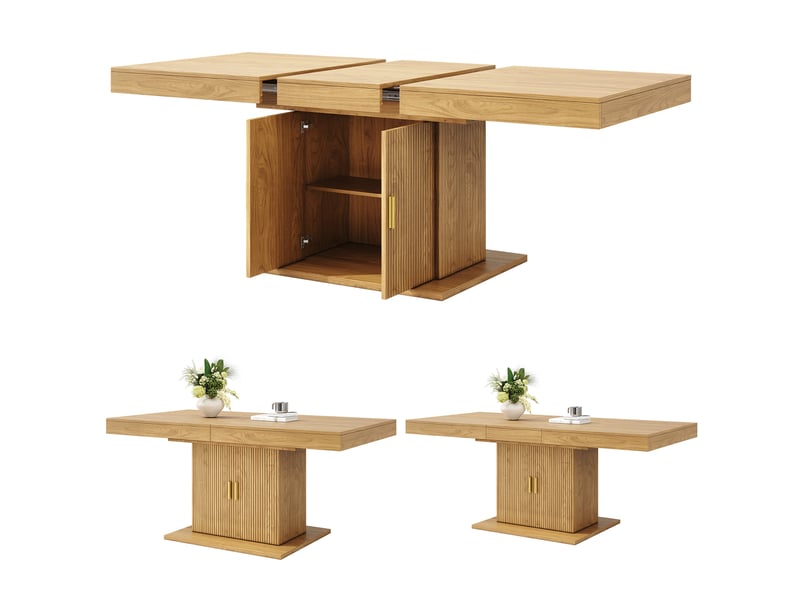  Table à manger rectangulaire extensible 140-180 x 90 cm avec rangement intégré, portes cannelées, étagère amovible, effet chêne clair moderne  - Conforama D