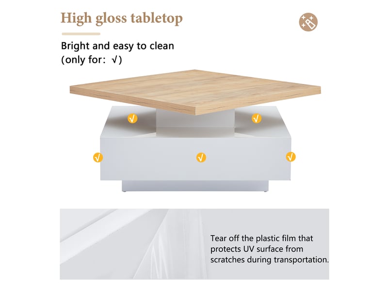  Table basse pivotante à 360° avec tiroir et rangement pour salon 70×70×36 cm blanc et noyer  - Conforama C