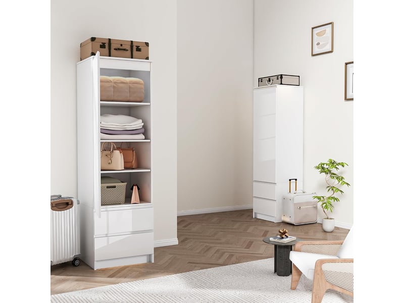  Armoire - wumagin - bois massif- avec 2 tiroirs, 4 compartiments - porte simple - 33x40x180cm - pour chambre, salon, entrée - blanc  - Conforama E