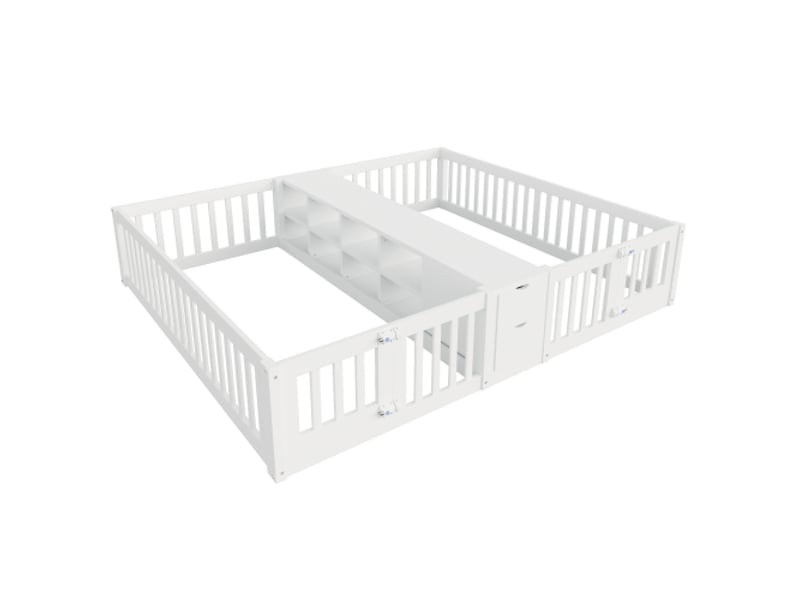 Lit enfant blanc 90x200 cm - tiroir, étagères doubles, cadre garde-corps et barres de sécurité hautes - Conforama A