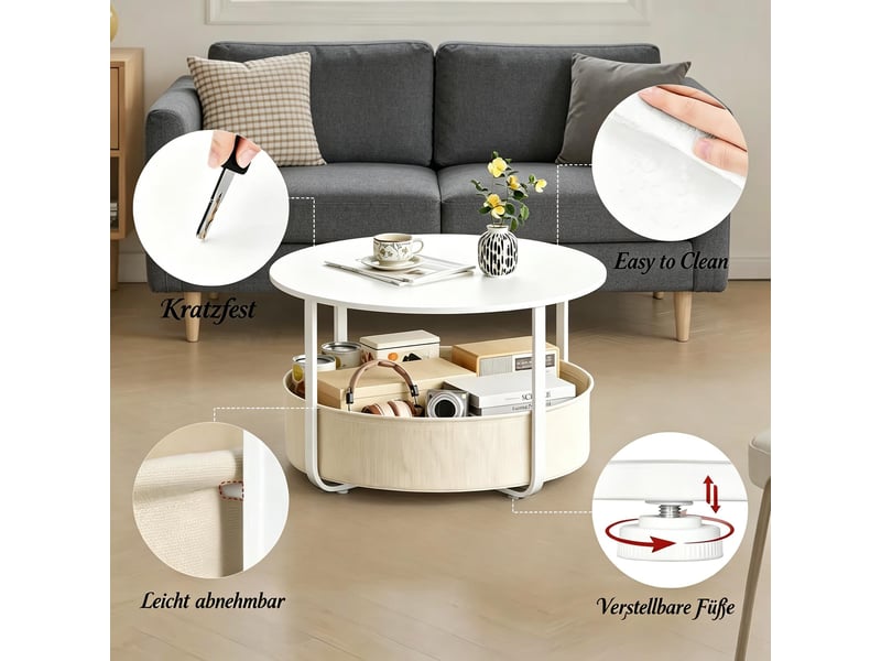  Table basse ronde avec panier de rangement pour salon en métal et toile ø 80×50 cm beige et blanc  - Conforama C