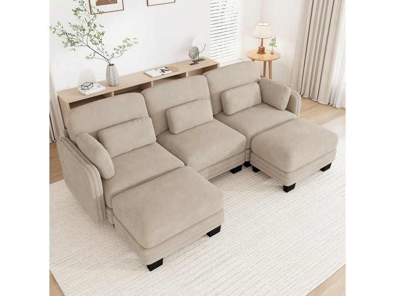  Canapé modulable en u - 3 places - 2 ottomans - tissu chenille - structure en bois massif - mobilier de salon - brun clair CozyNest - Conforama C