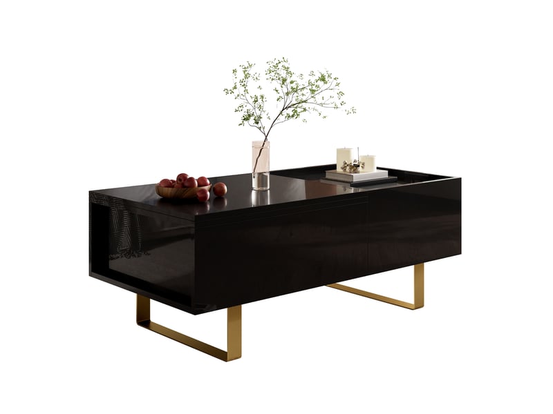  Table basse relevable avec tiroir et rangement caché, noire brillante, pieds en fer doré, pour salon 100 × 50 × 54,5 cm  - Conforama A