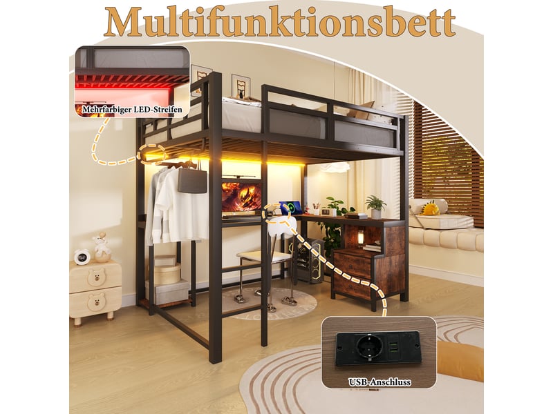  Lit mezzanine 140x200 cm avec bureau intégré, étagères et tringle à vêtements, led chaude, usb, garde-corps renforcés, métal noir industriel Radiant Stride - Conforama E