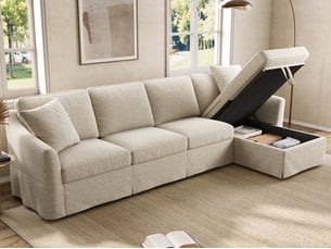 Canapé d'angle gauche fixe <strong>BGSRYAO</strong> <strong></strong> 4 places Coton / Lin beige avec coffre de rangement