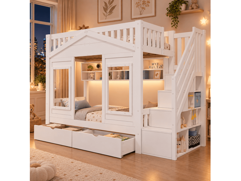  Lit mezzanine enfant 90x200 cm, escalier de rangement, fenêtre, protection antichute incluse, bois et mdf, blanc sans matelas  - Conforama E