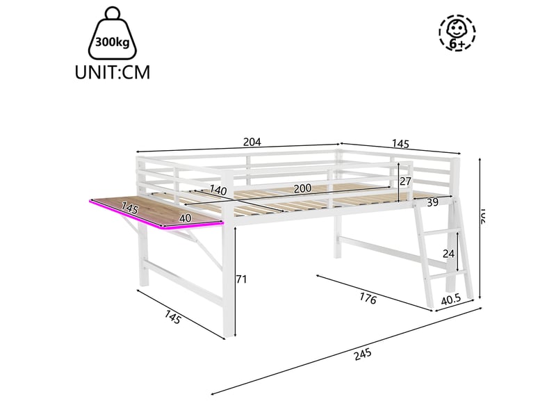Lit mezzanine 140x200 cm avec bureau pliant et éclairage led en métal - Conforama E