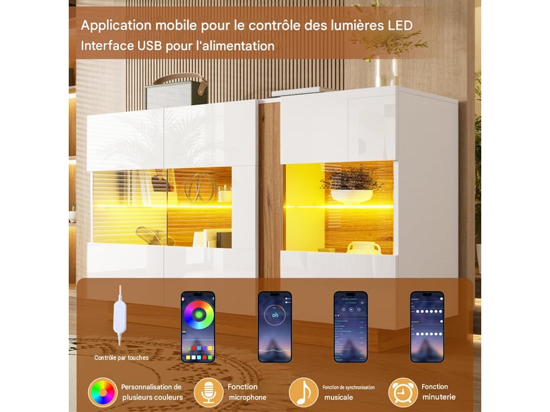 Buffet 3 portes en acrylique avec éclairage led blanc et naturel  - Conforama D