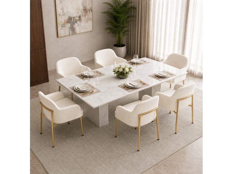  Lot de 6 chaises de salle à manger 61,00 × 59,00 × 78,50 cm en métal et bois avec tissu polyester, accoudoirs et pieds réglables blanc chicfurn  - Conforama B