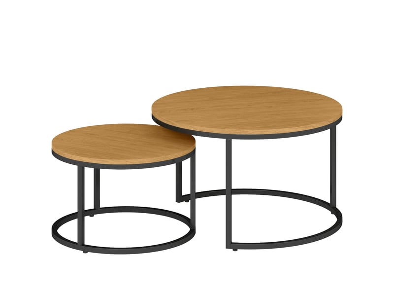 Lot de 2 tables basses rondes gigognes empilables piètement acier plateau effet bois chêne moyen  - Conforama B