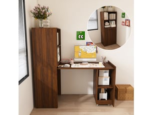 Bureau extensible avec meuble de rangement, plateau coulissant, roulettes, noyer foncé