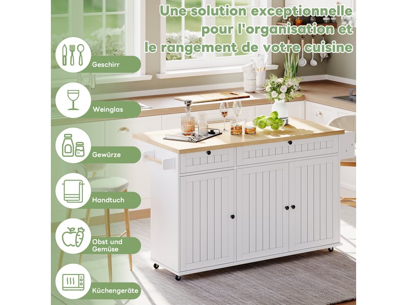 Îlot de cuisine 137x45x89,5 cm, desserte avec plan de travail rabattable, tiroirs et étagère de porte, mdf, blanc et naturel - Conforama D