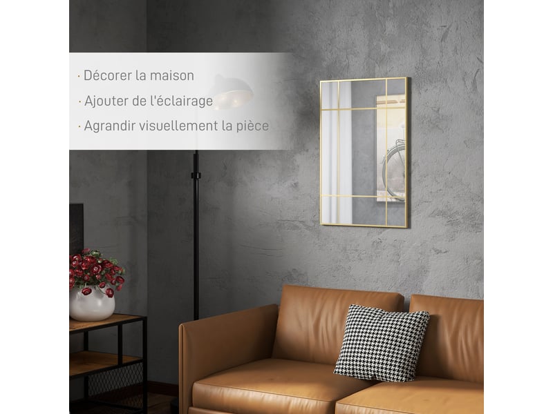  Miroir mural verrière rectangulaire style fenêtre, en métal doré - 90x60 cm, horizontal ou vertical avec 4 crochets  - Conforama A