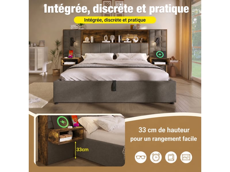  Lit rembourré gris 160x200 avec rangement, led, liseuses et chevets intégrés  - Conforama E