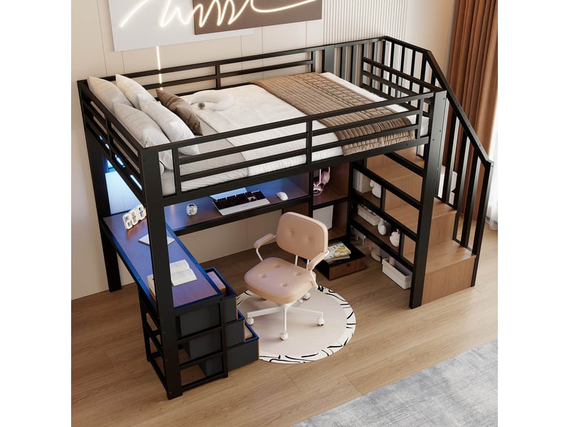  Lit mezzanine 90x200 cm en métal avec bureau gaming, led, escalier avec rangements, 4 tiroirs, étagères et espace de travail intégré - noir  - Conforama D