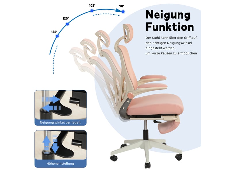  Chaise de bureau ergonomique inclinable avec dossier rabattable - lpospi - têtière 3d, maille et mousse - rose  - Conforama C