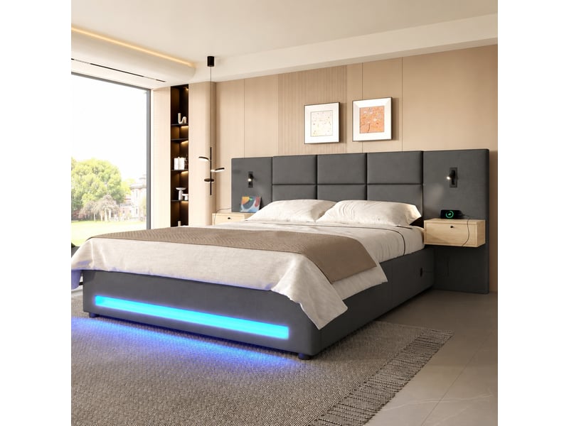 Lit coffre 160 x 200 cm en velours gris foncé, ouverture hydraulique, tiroirs, led et usb-c - Conforama D