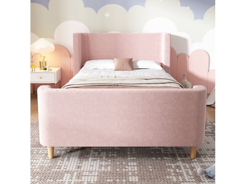  Lit simple 90x200cm, design simple, lit enfant avec tête de lit et sommier, velours rose, sans matelas  - Conforama E