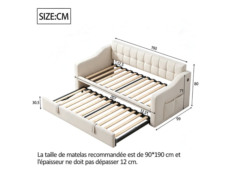  Lit gigogne 90x190 cm - lit banquette convertible 2 en 1 - usb - sommier bois et métal - beige  - Conforama C