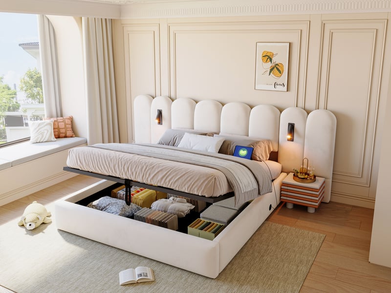  Lit coffre 180 x 200 cm, lit double avec longue tête de lit, liseuses réglables et ports de charge usb, velours beige  - Conforama B