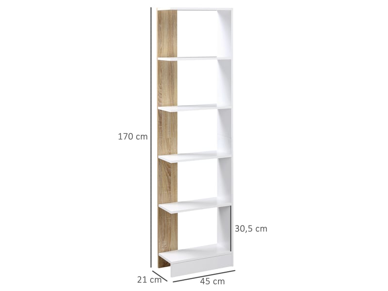  Bibliothèque étagère de rangement avec 5 compartiments ouverts design simple moderne blanc et chêne  - Conforama E