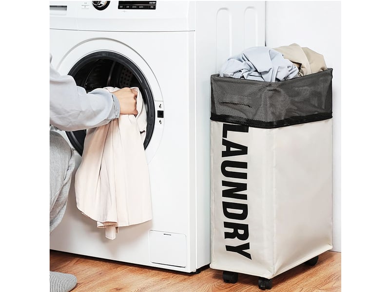  Panier à linge pliable 42l avec roulettes et poches latérales, beige, pour coins étroits, 39 x 19 x 57 cm  - Conforama C
