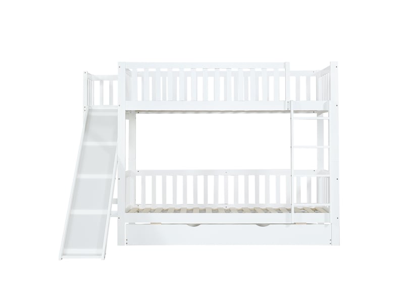  Lit superposé enfant 90x200cm avec toboggan, lit gigogne gain de place et étagères, pin massif et mdf, blanc  - Conforama D