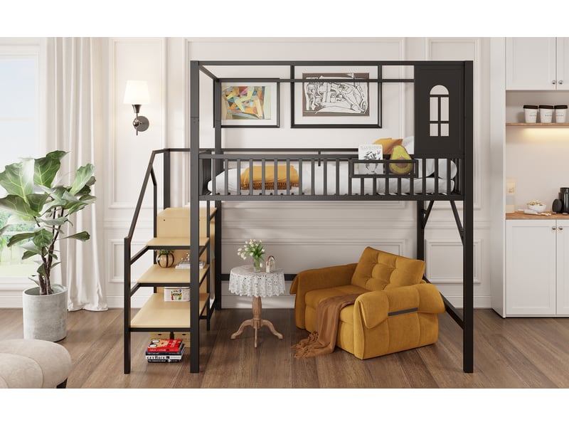  Lit mezzanine 140 x 200 cm, lit enfant surélevé, placard intégré, bureau intégré, échelle, 2 places, structure multifonction, métal, noir Morn Vibe - Conforama E