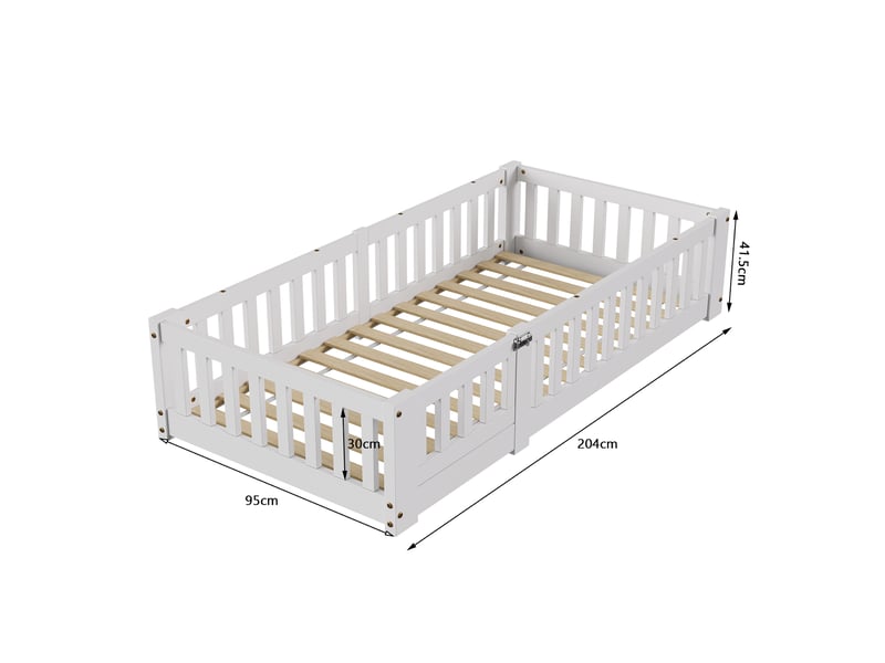  Lit enfant et lit simple montessori 90x200 cm avec barrières de sécurité et sommier à lattes, cadre en bois de pin blanc, sans matelas  - Conforama C