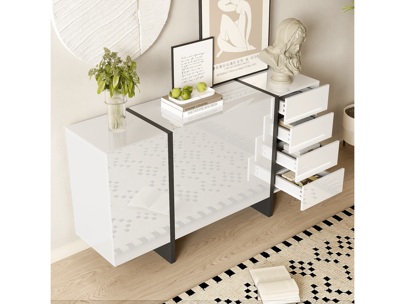  Buffet 150x40x80 cm, meuble de cuisine avec 3 portes, 4 tiroirs et étagère réglable, facile à nettoyer, mdf, blanc  - Conforama B