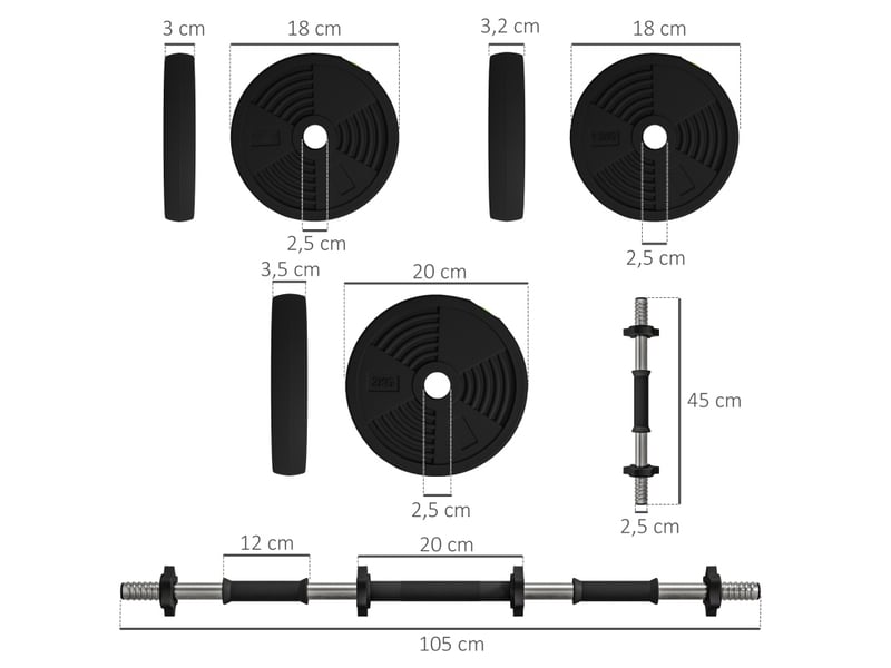  Set d'haltères et barre 2 en 1 105 x 20 x 20 cm noir et vert en plastique, poids réglable 20 kg  - Conforama B