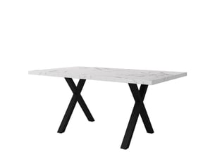 Table à manger moderne marbre noir+blanc 140x80x76 cm, rectangulaire, pieds croisés en fer forgé