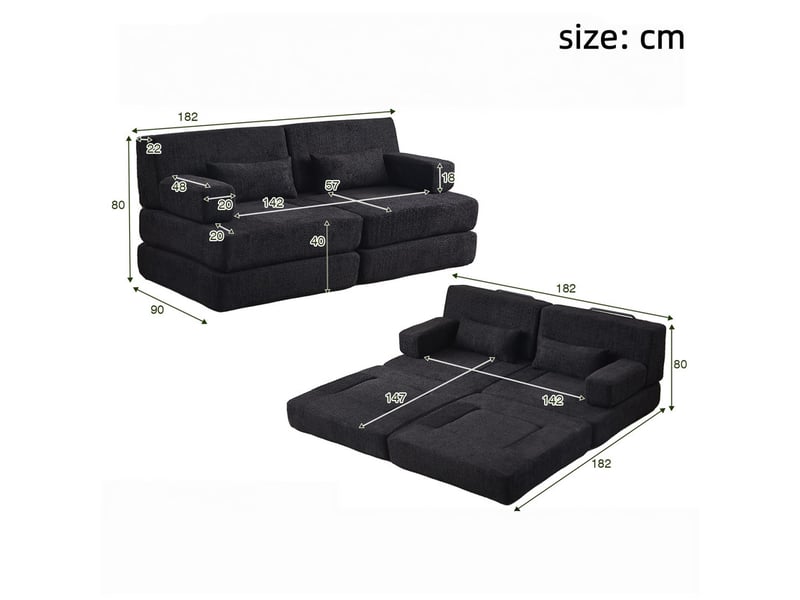  Canapé droit, lot de deux sofas droits, module d'assise en chenille, convertible ajustable pour séjour, chambre, bureau, 4 places, 80 x 90 x 182 cm, noir  - Conforama C