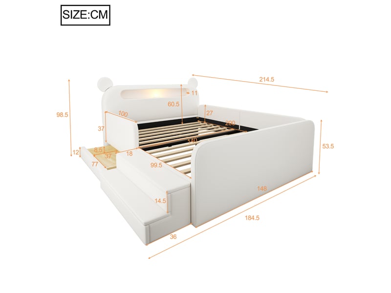 Lit enfant 140x200 cm blanc en similicuir avec tête de lit ours, veilleuse, usb et rangement - Conforama C
