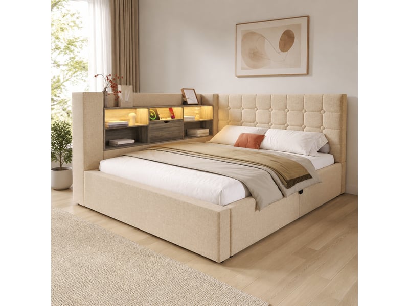  Lit double 140x190 cm avec rangement hydraulique, led et tête de lit en lin beige  - Conforama B
