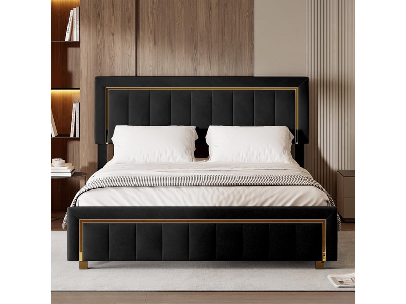  Lit coffre 140x200cm - lit double 140x200 rembourré avec tête de lit en velours, bordures dorées, style moderne chic - noir  - Conforama C