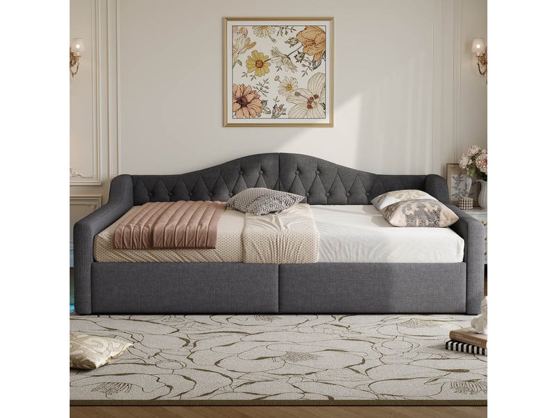 Lit capitonné 140x200 cm gris avec rangement sous le lit et éclairage led pour chambre moderne et confortable.  - Conforama D