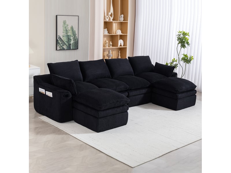 Canapé modulable 4 places en velours côtelé noir avec 2 poufs et poches latérales - Conforama B