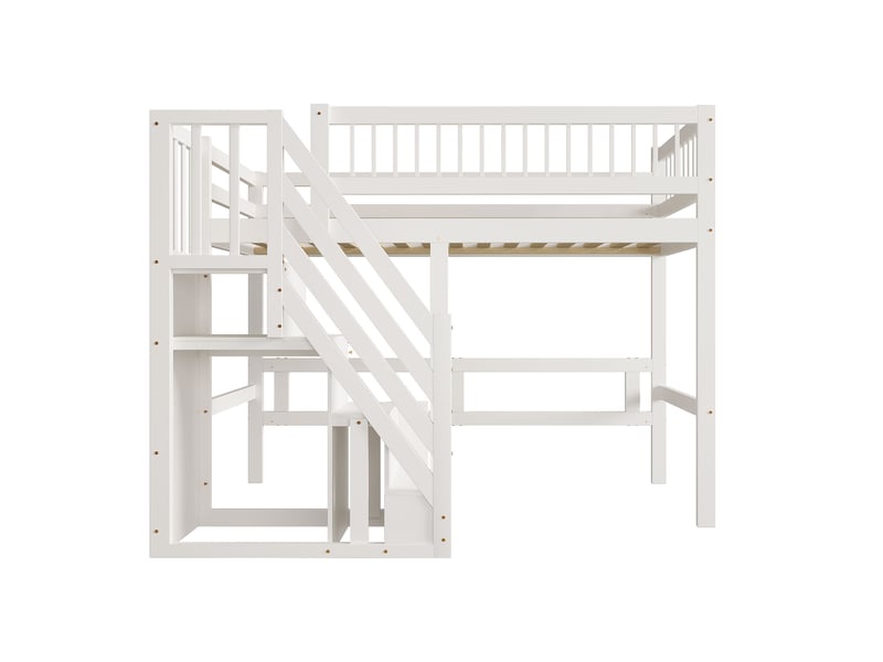 Lit mezzanine en bois massif avec escalier de rangement, lit enfant 90x200 blanc, cadre robuste et sécurisé pour chambre ado - Conforama A